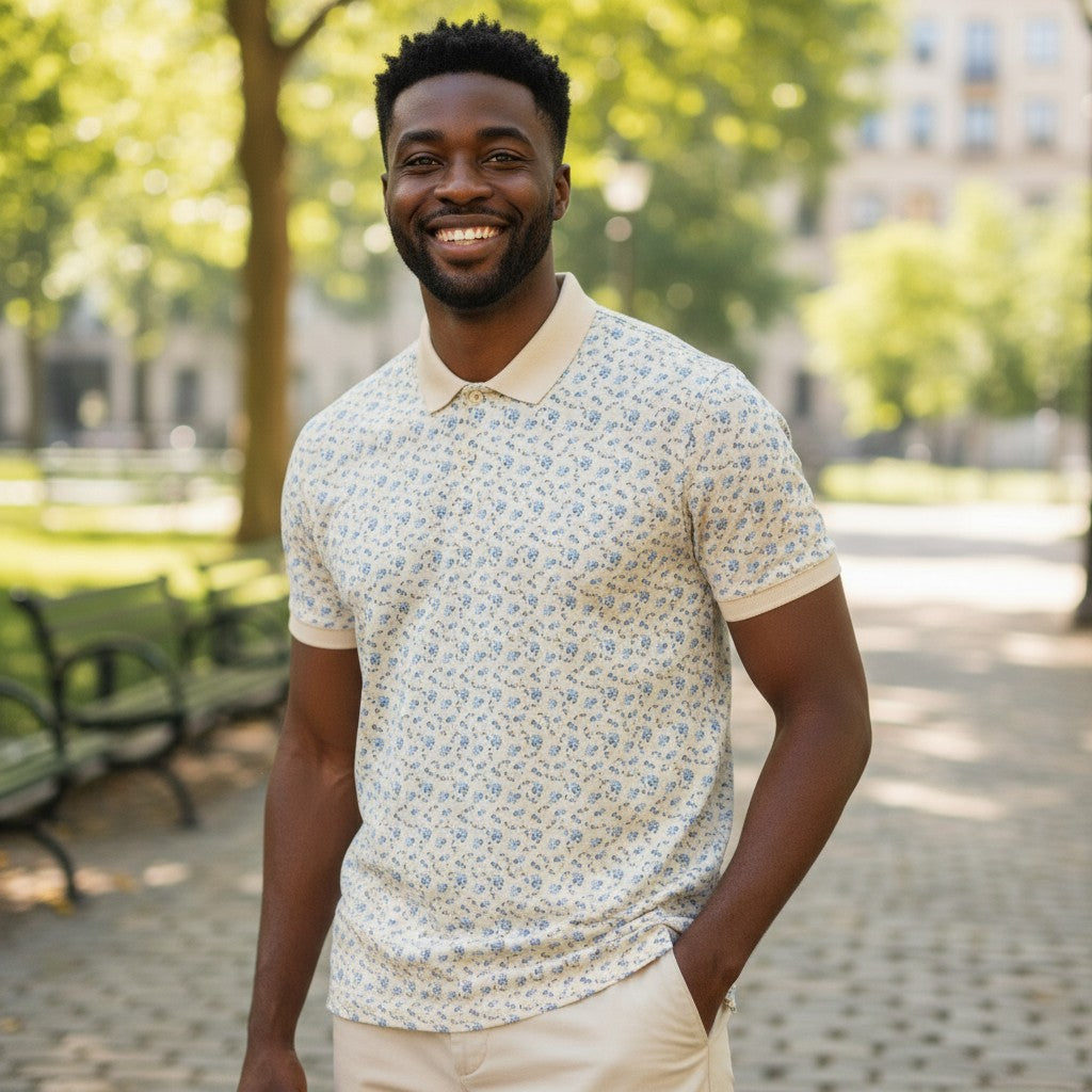 STEEZU soft yellow short-sleeve polo shirt with a delicate blue floral pattern and a beige collar. Perfect for daytime events.