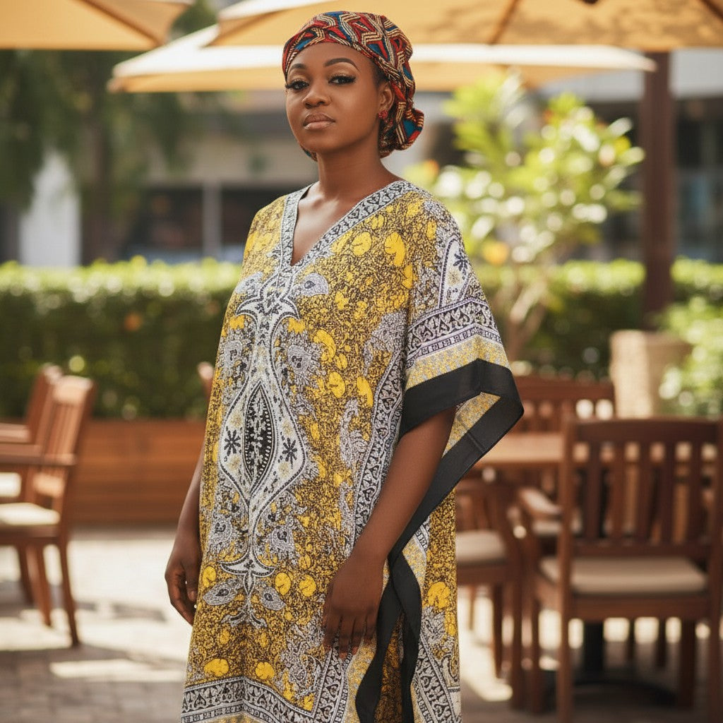 STEEZU yellow maxi kaftan dress with black, white, and yellow paisley print, V-neckline, and flowing silhouette.