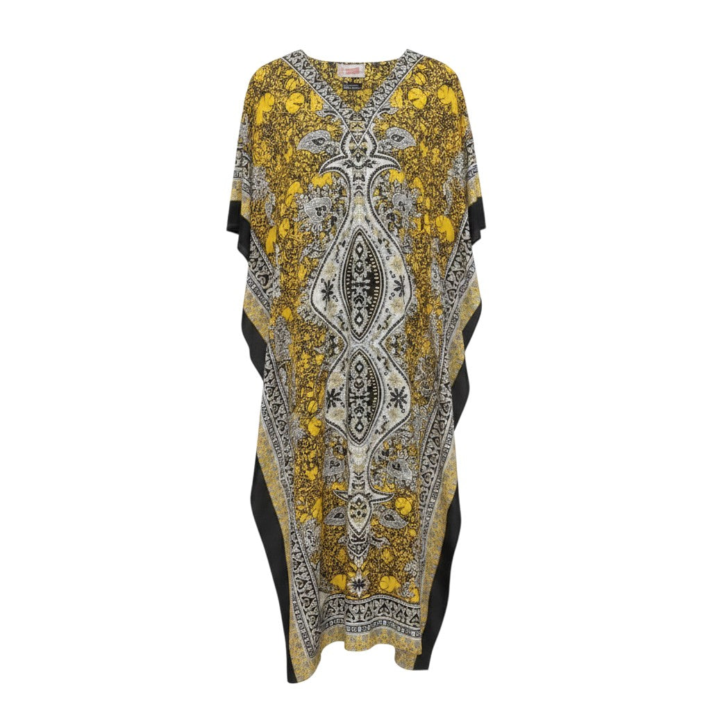 STEEZU yellow maxi kaftan dress with black, white, and yellow paisley print, V-neckline, and flowing silhouette.