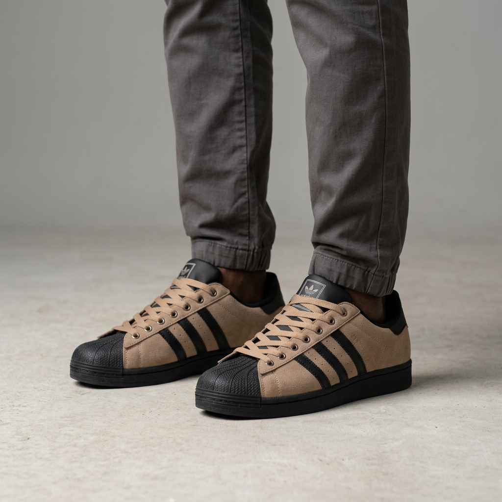 Tan and black shell-toe sneakers model preview