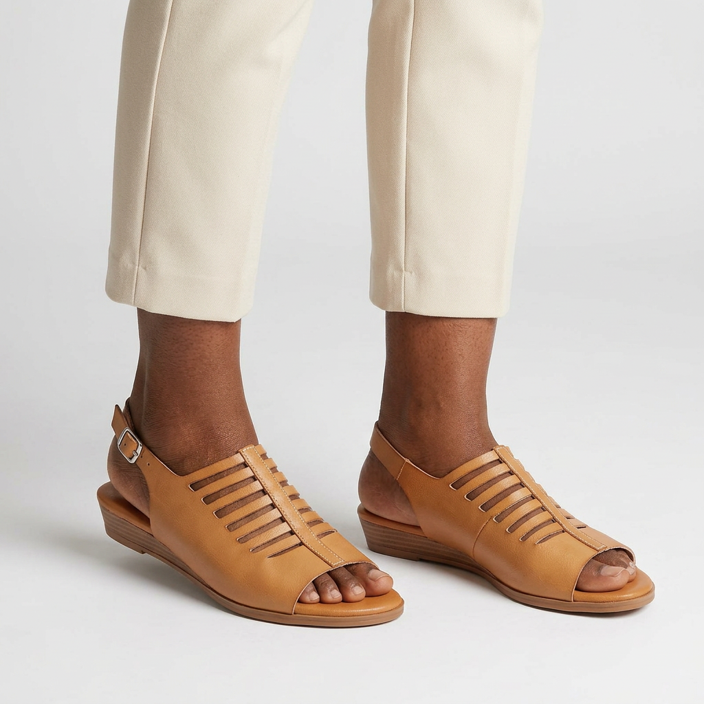 Tan caged sandals both-legs model preview