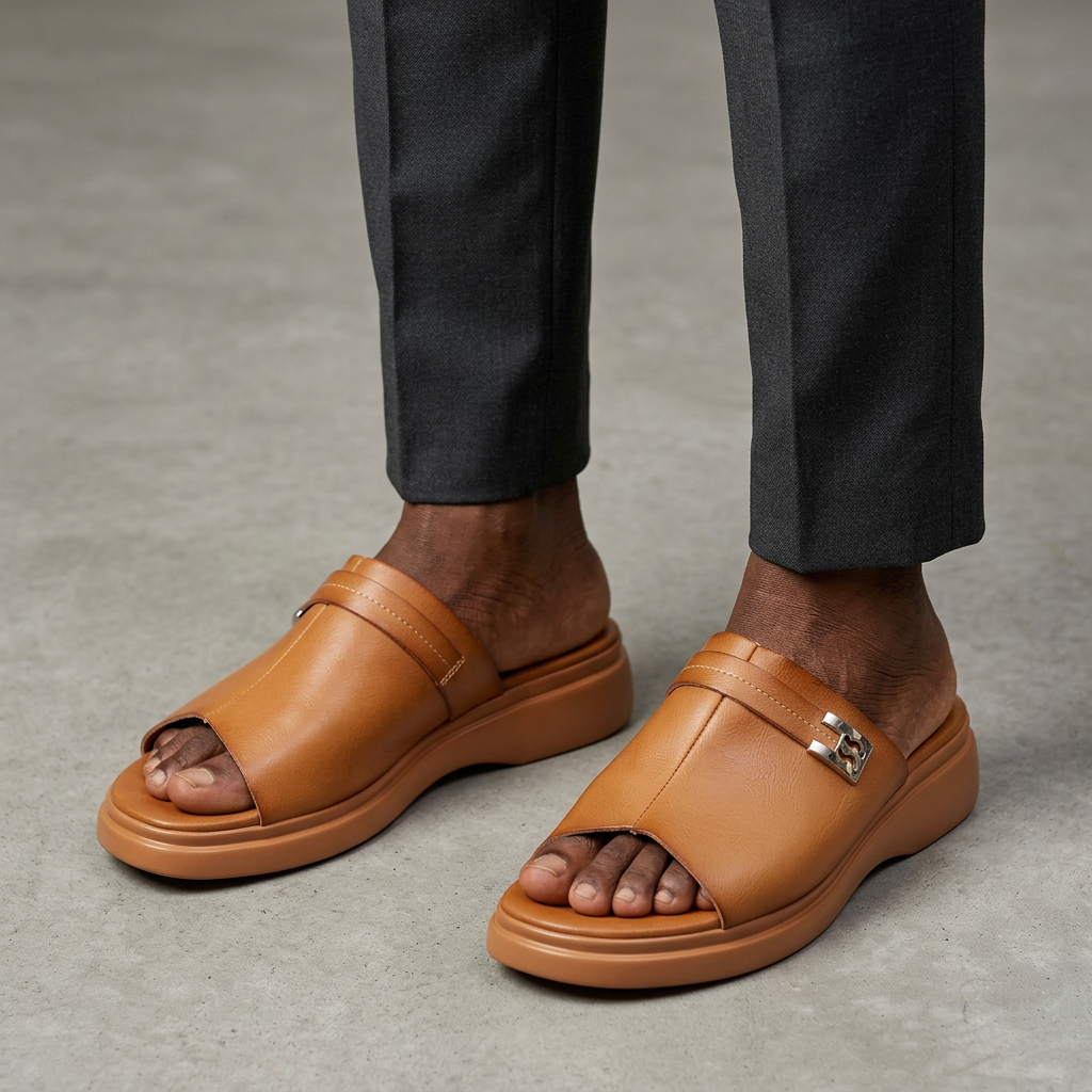 Tan slide sandals on both feet