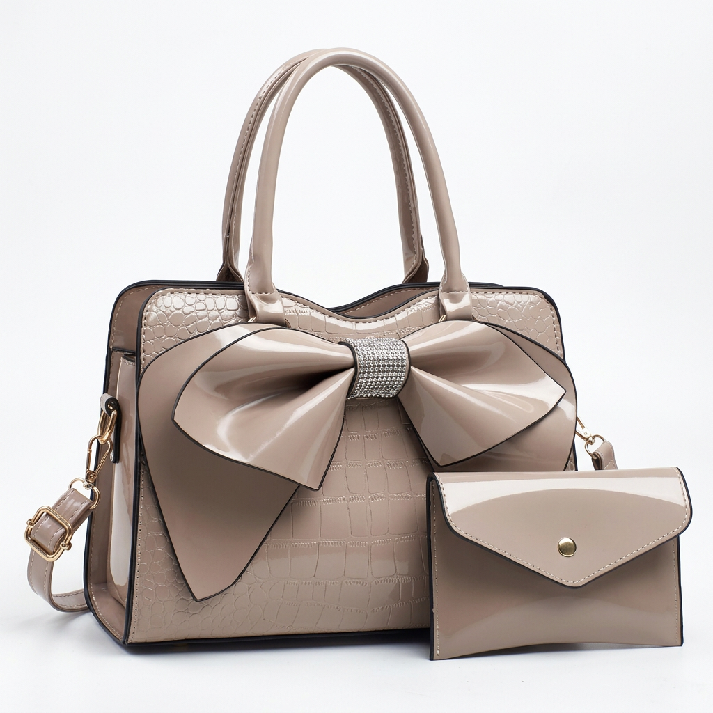 Taupe bow handbag studio preview