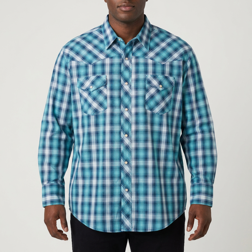 Teal checked Western shirt on a model