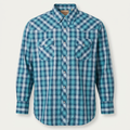 Teal checked Western shirt on an upright invisible mannequin
