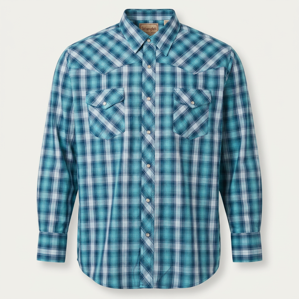Teal checked Western shirt on an upright invisible mannequin