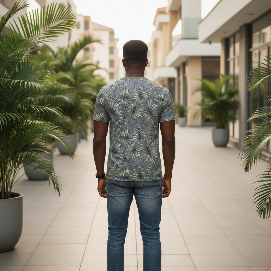 Tropical Leaf Print Tee – Back Model View