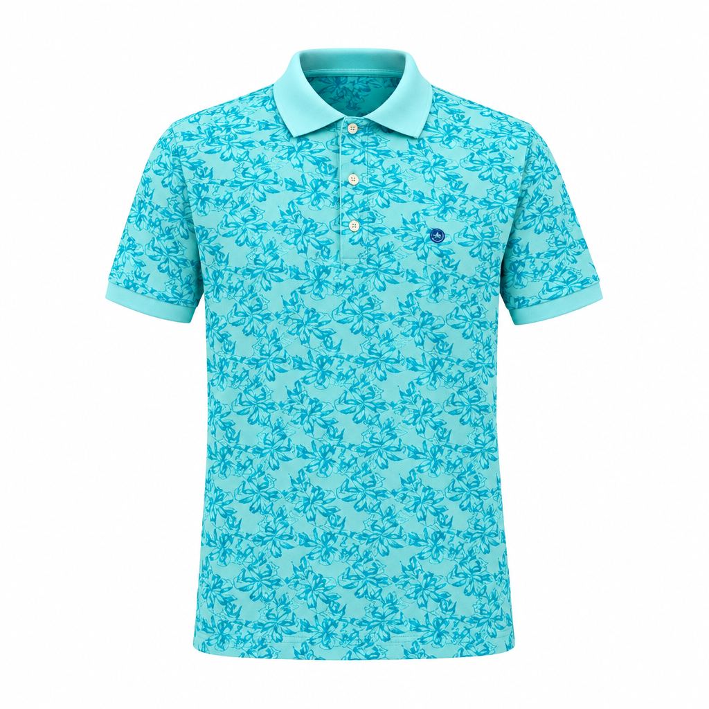 Turquoise leaf-print polo ghost mannequin preview