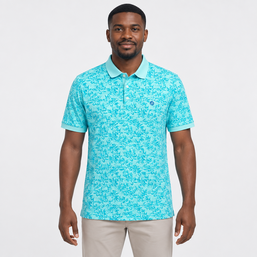 Turquoise leaf-print polo model preview