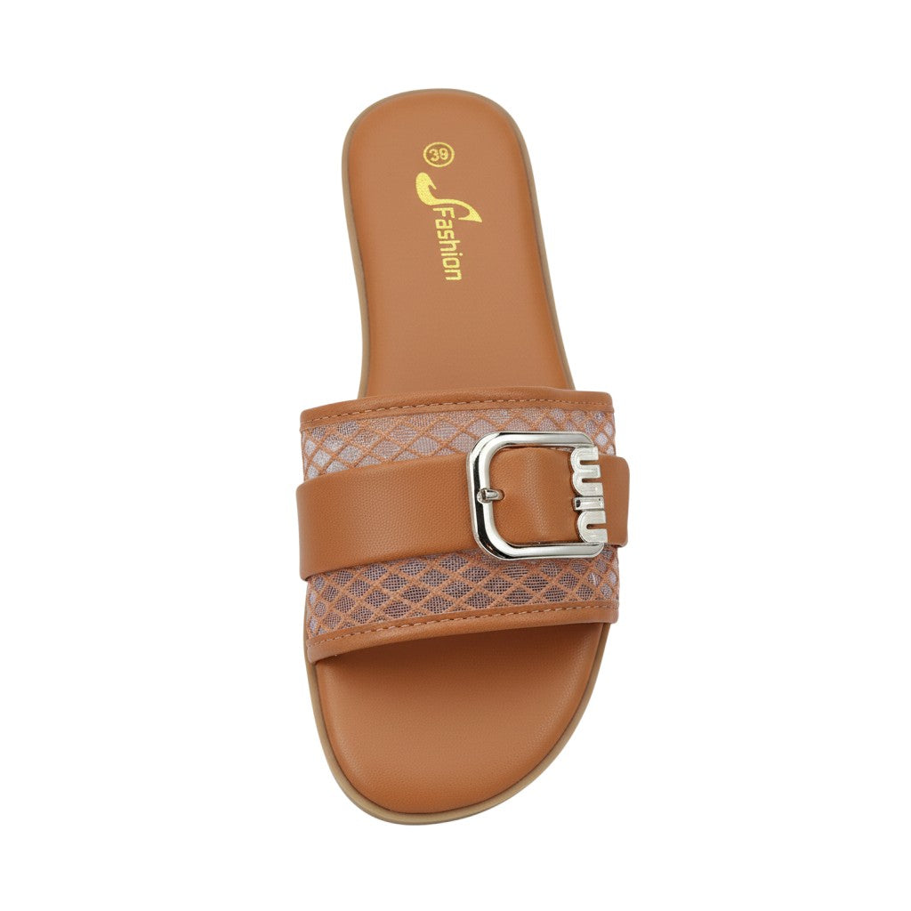 Tan Two-Strap Silver Buckle Slide Women's