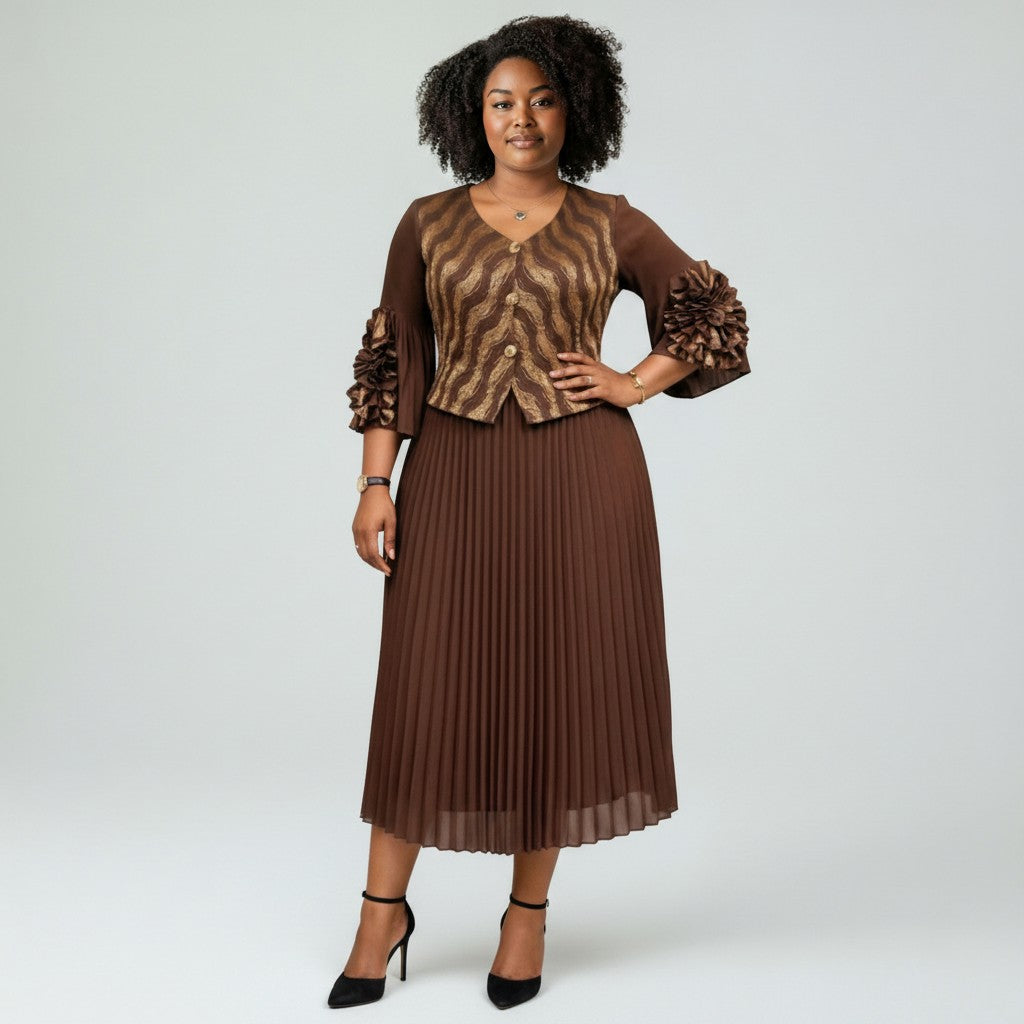 Brown Zebra-Print Blazer & Pleated Midi Skirt Set