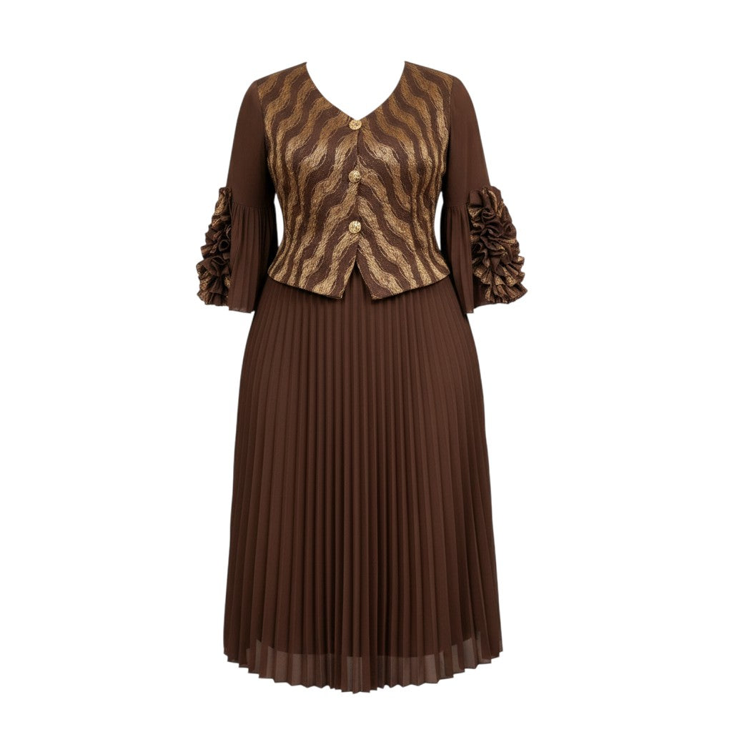 Brown Zebra-Print Blazer & Pleated Midi Skirt Set