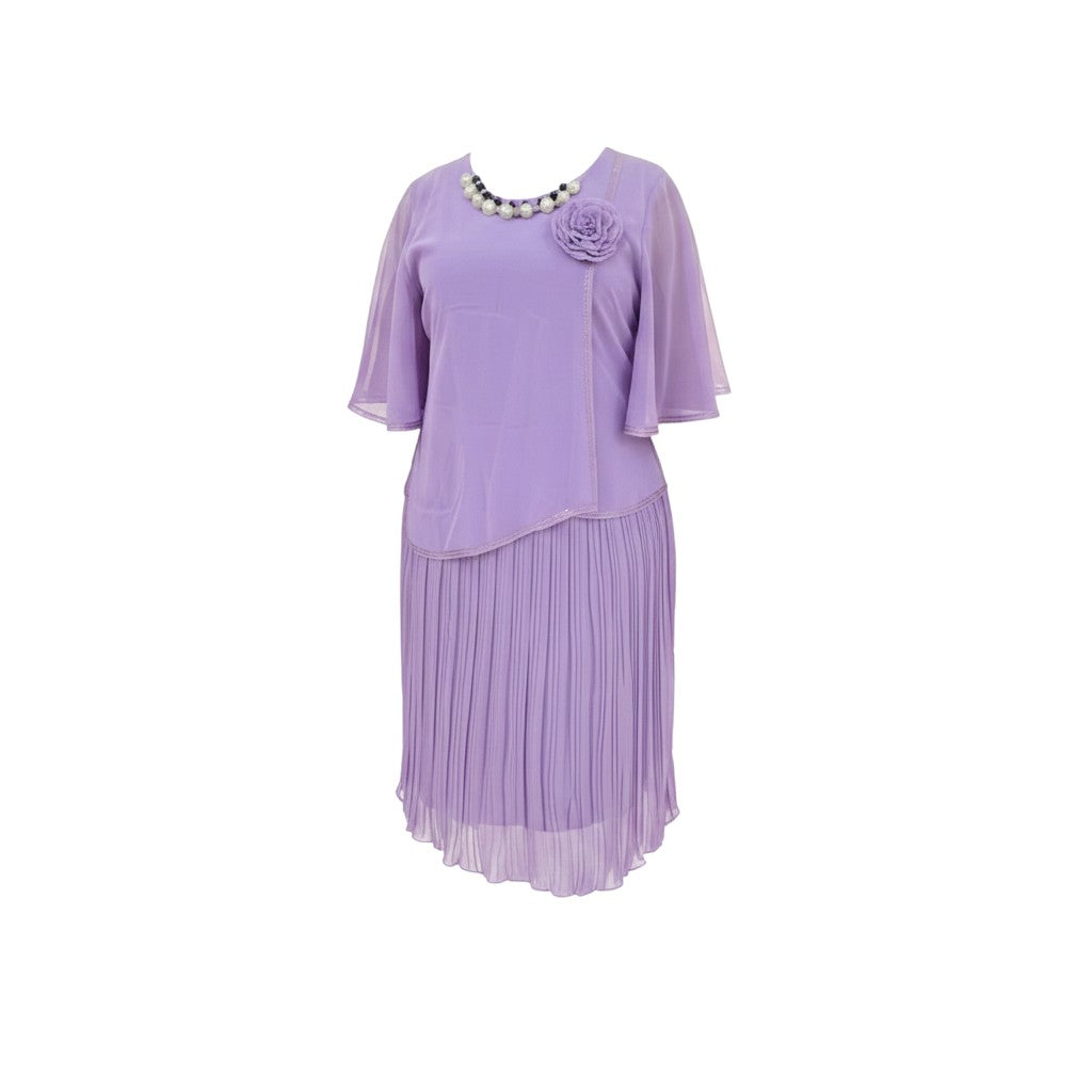 Lavender Chiffon Flutter Sleeve Pleated Midi Dress Set