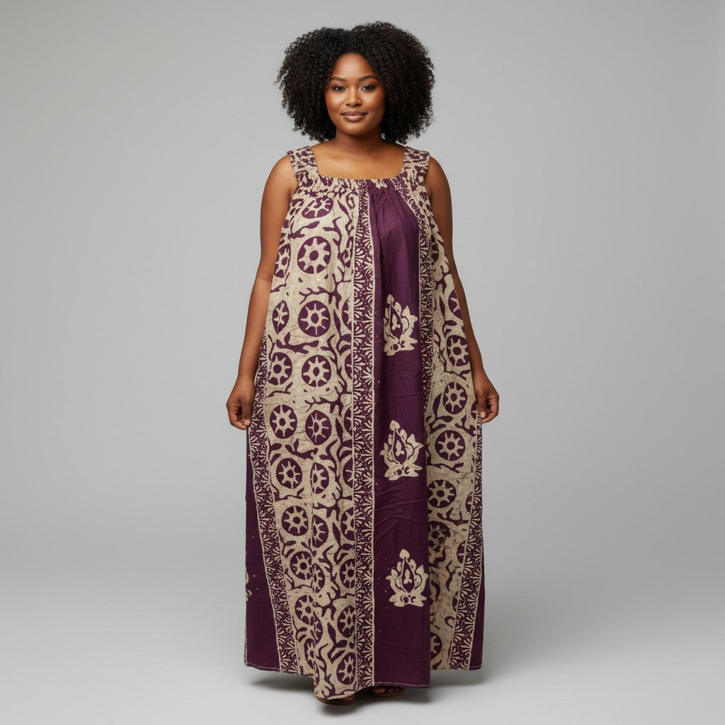 Cream & Dark Purple Medallion Batik Bubu Maxi Gown