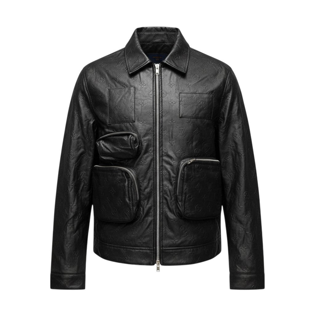 Black Monogram Embossed Leather Zip-Up Jacket