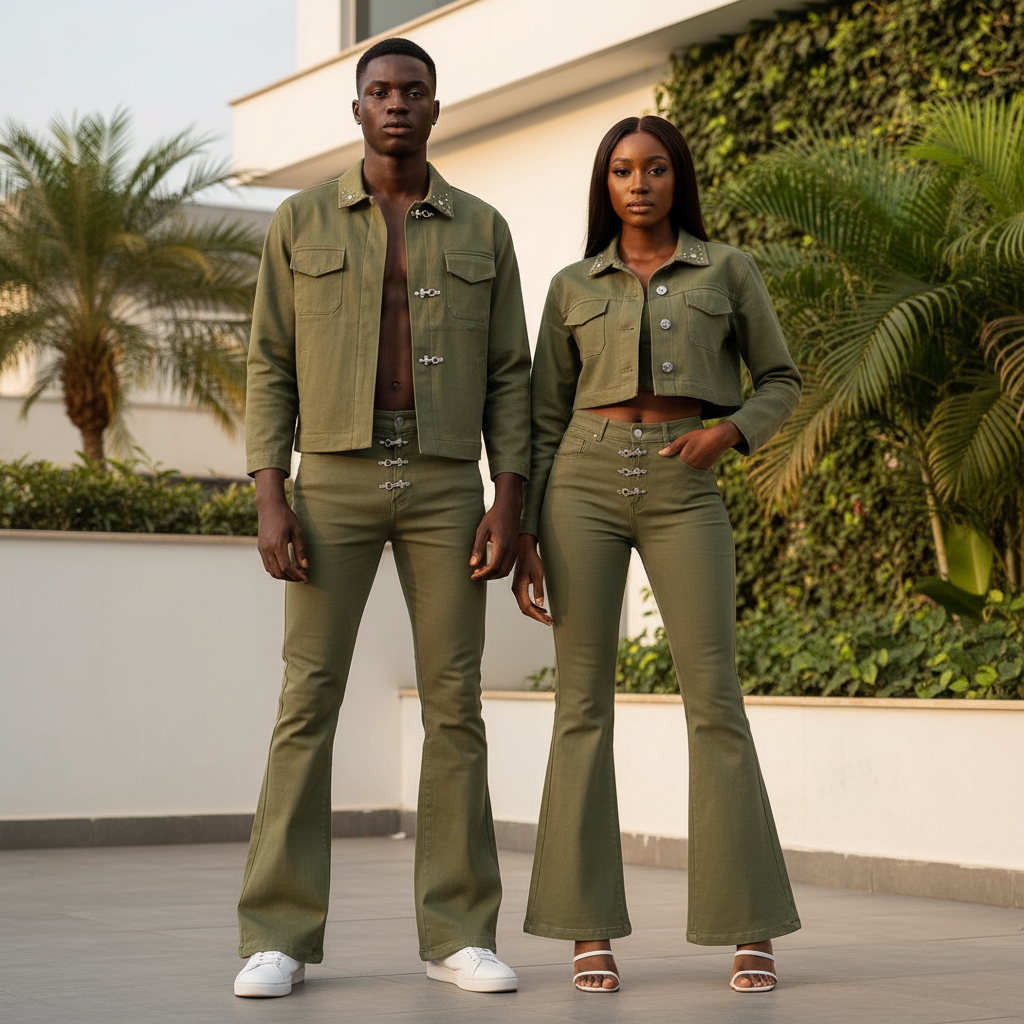 Unisex – Army Green Denim Flare Set