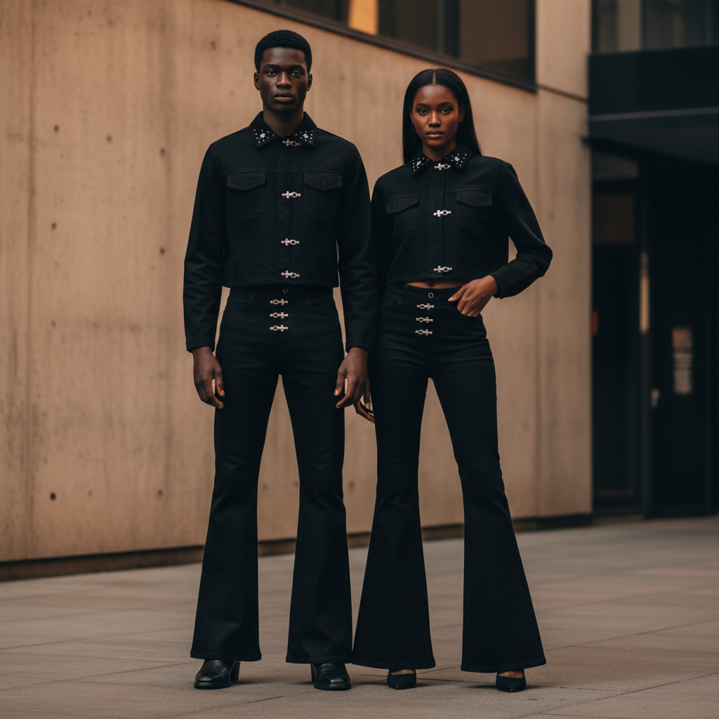 Unisex – Black Star-Collar Denim Flare Set