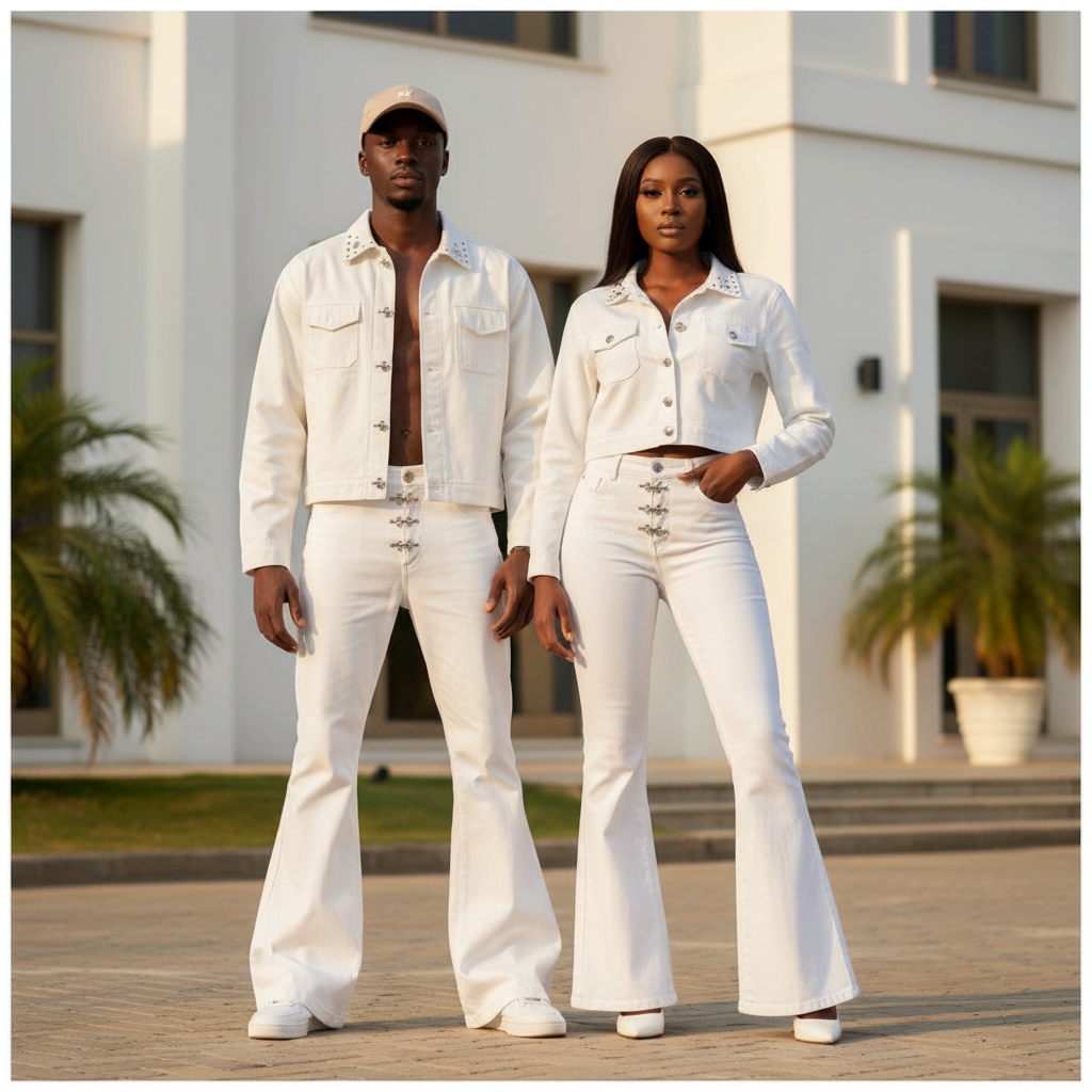 Unisex – White Rhinestone Denim Flare Set