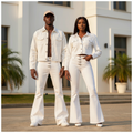 Unisex – White Rhinestone Denim Flare Set
