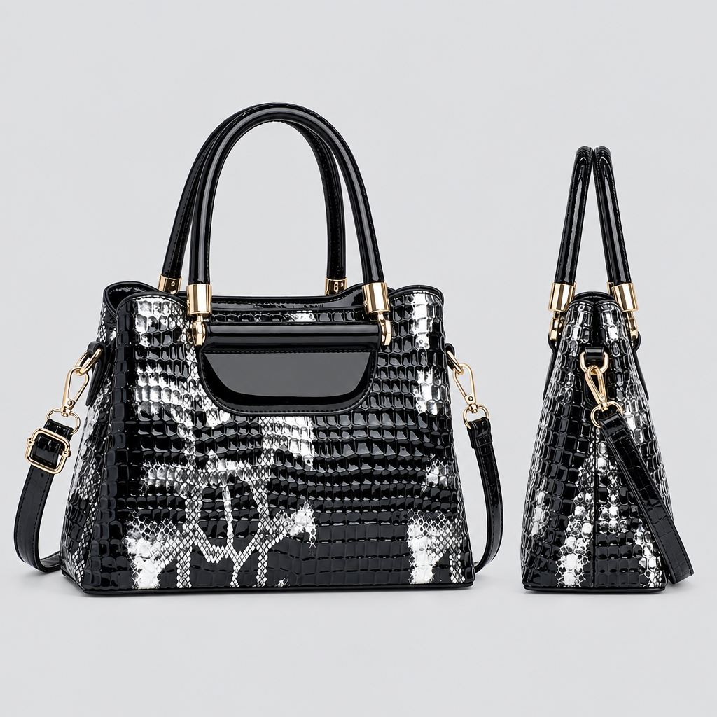Women’s Black Croc-Textured Structured Handbag
