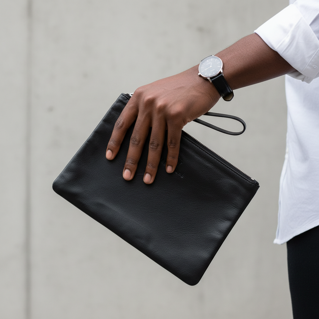 Versace Black Leather Medusa Clutch – Model Hand Shot