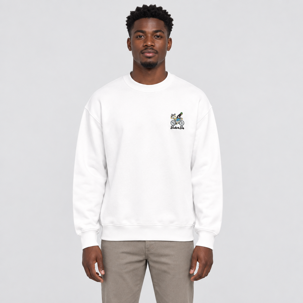 White sweatshirt on a Black adult model