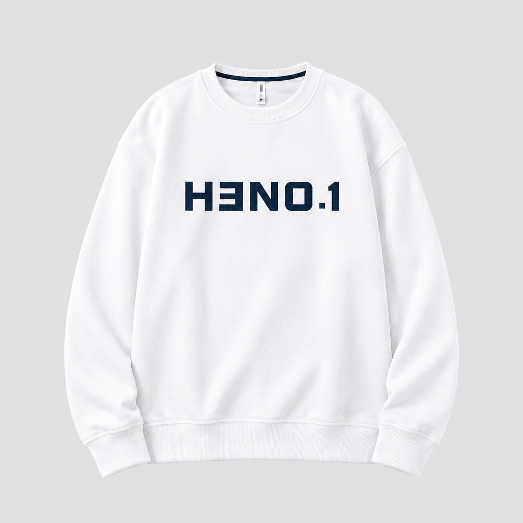 White sweatshirt with bold dark chest lettering