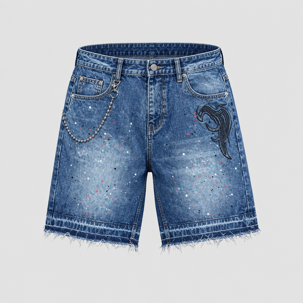Women’s blue paint-splatter denim shorts with chain and frayed hems