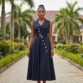 Women's Dark Navy Sleeveless Lapel Collar Rhinestone Embellished Midi Dress – Female Model