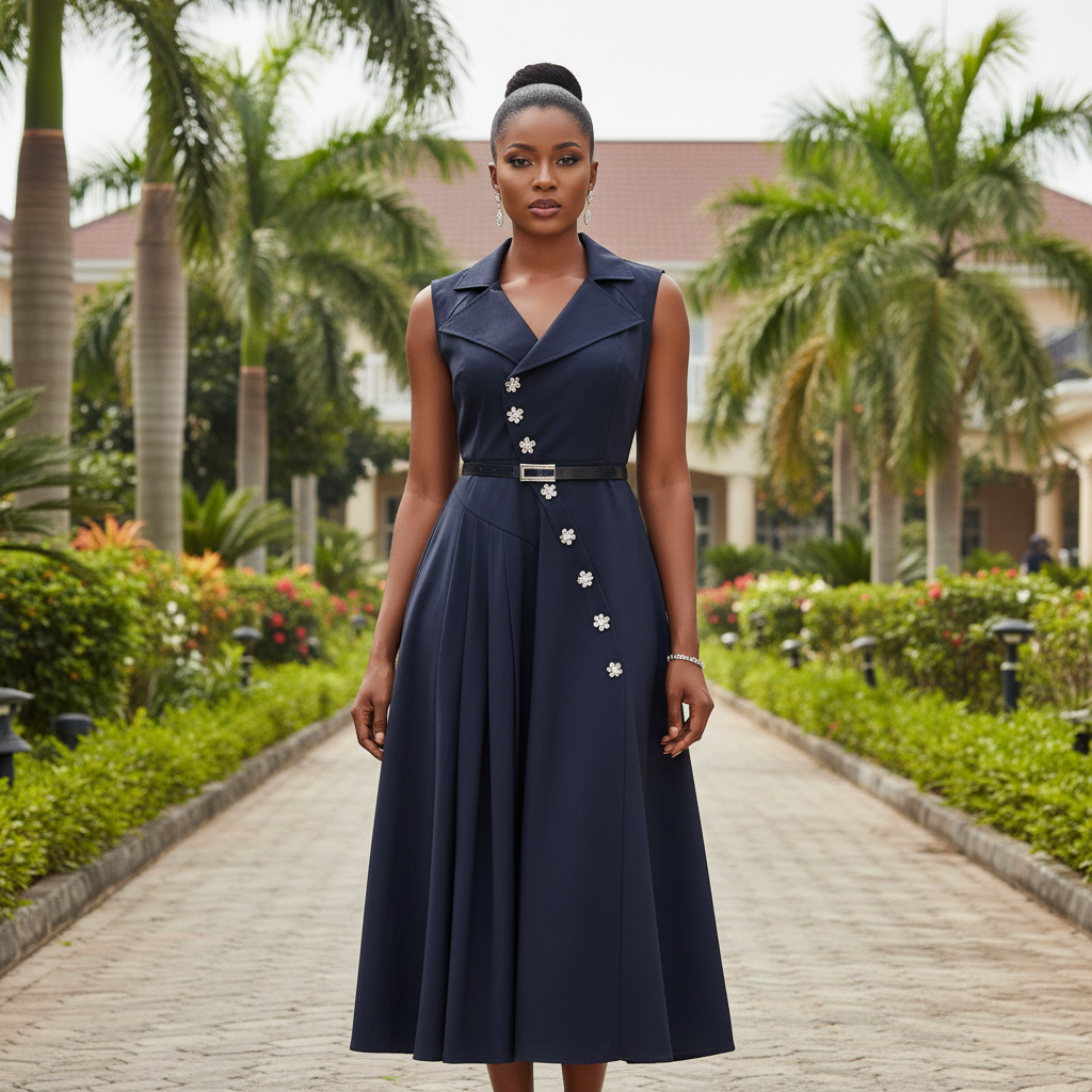 Women's Dark Navy Sleeveless Lapel Collar Rhinestone Embellished Midi Dress – Female Model