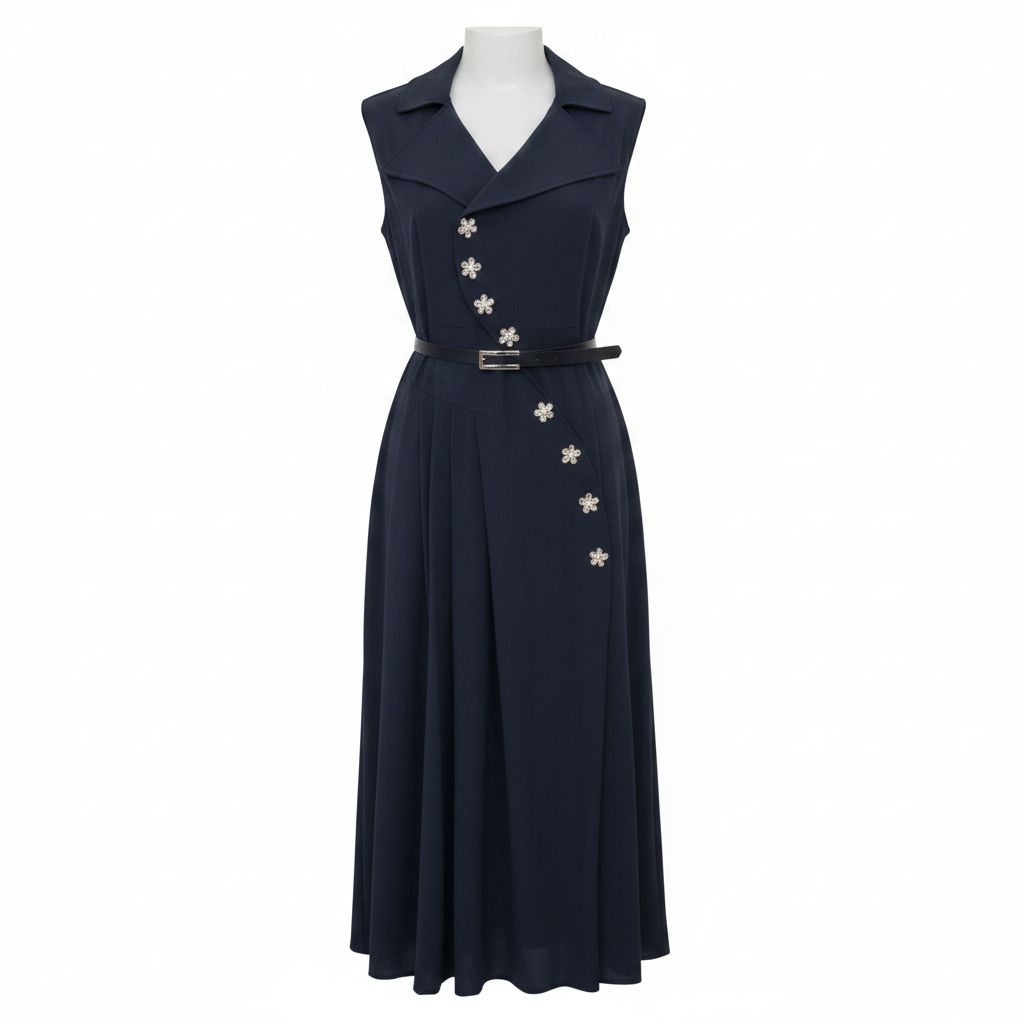 Women's Dark Navy Sleeveless Lapel Collar Rhinestone Embellished Midi Dress – Ghost Mannequin