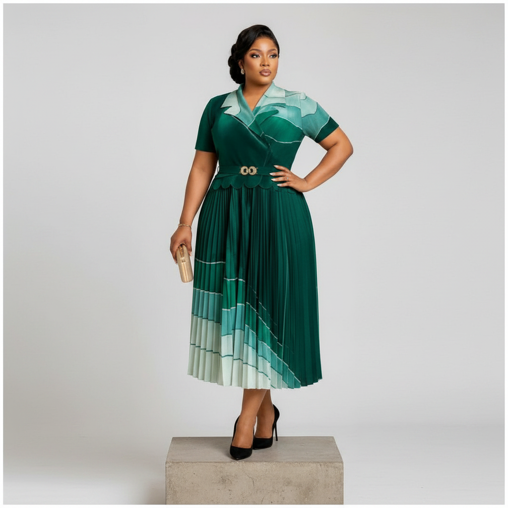 Women's Emerald Green Colour-Block Pleated Midi Dress – Female Model Front