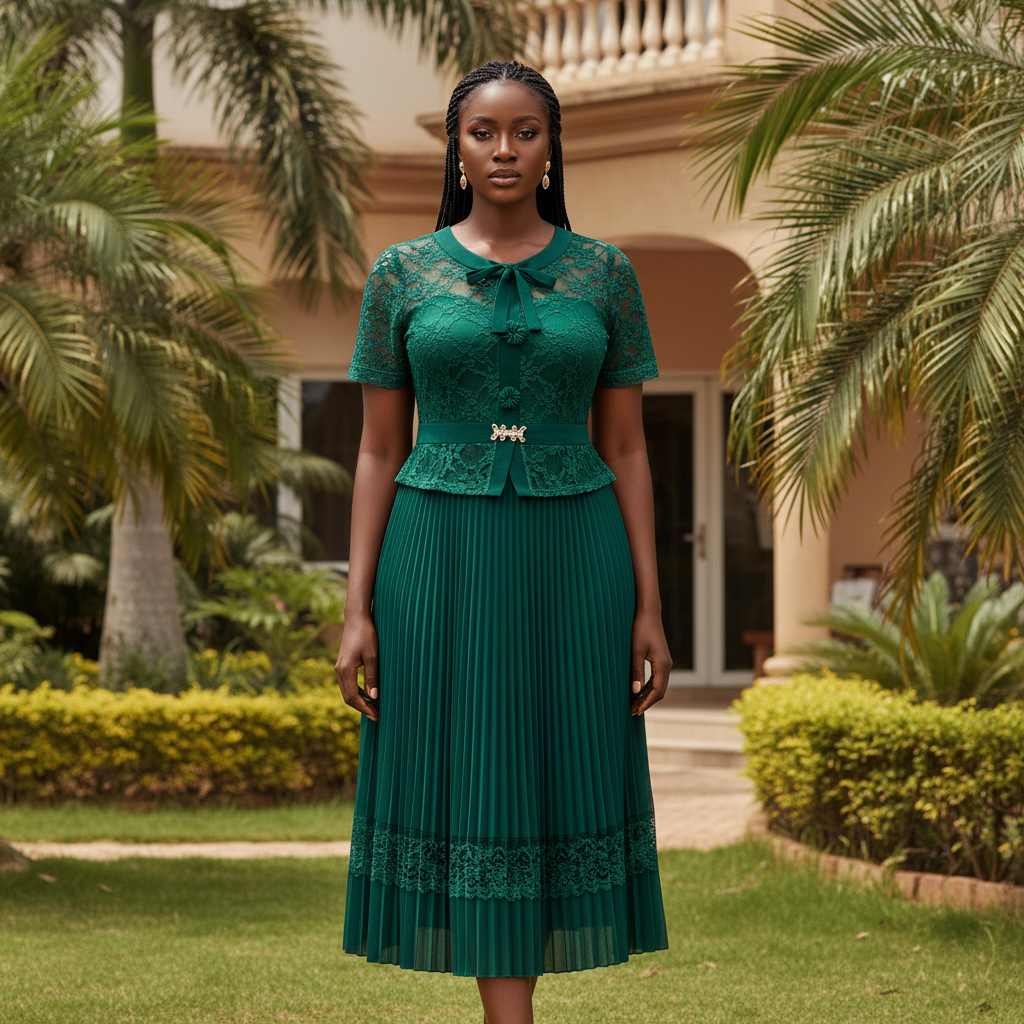 Women's Emerald Green Lace Bodice Pleated Midi Dress – Model Redo