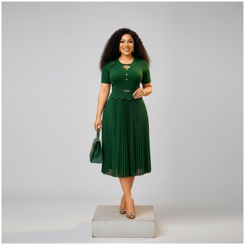 Women's Forest Green Scallop-Hem Peplum Pleated Midi Dress – Female Model Front