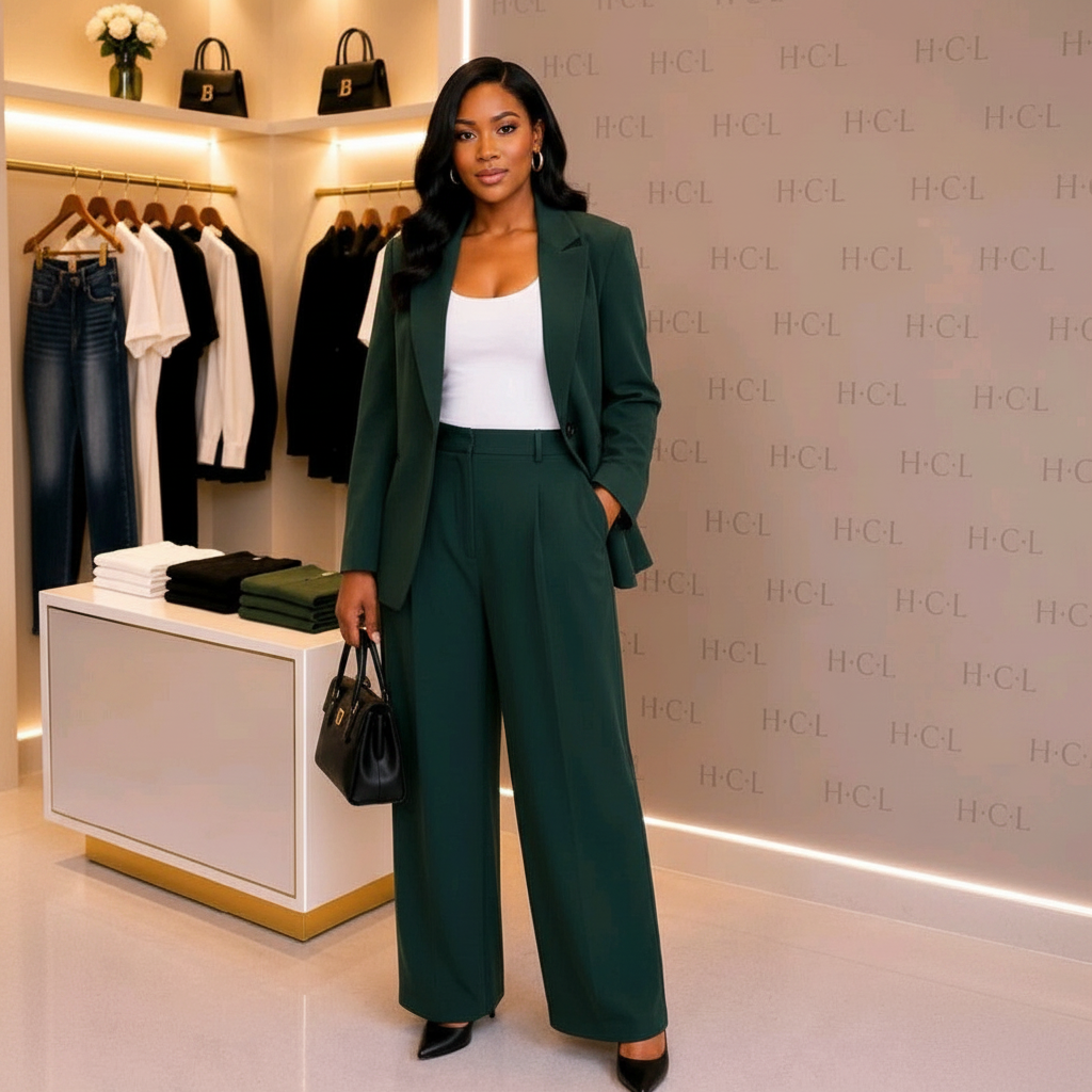 Women's Forest Green Two-Piece Blazer Suit Set – Model Shot 1:1