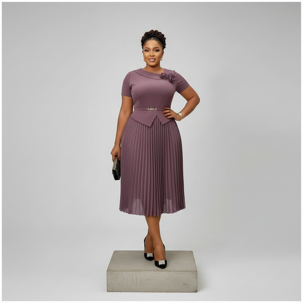 Women's Mauve Pleated Peplum Midi Dress – Female Model Front