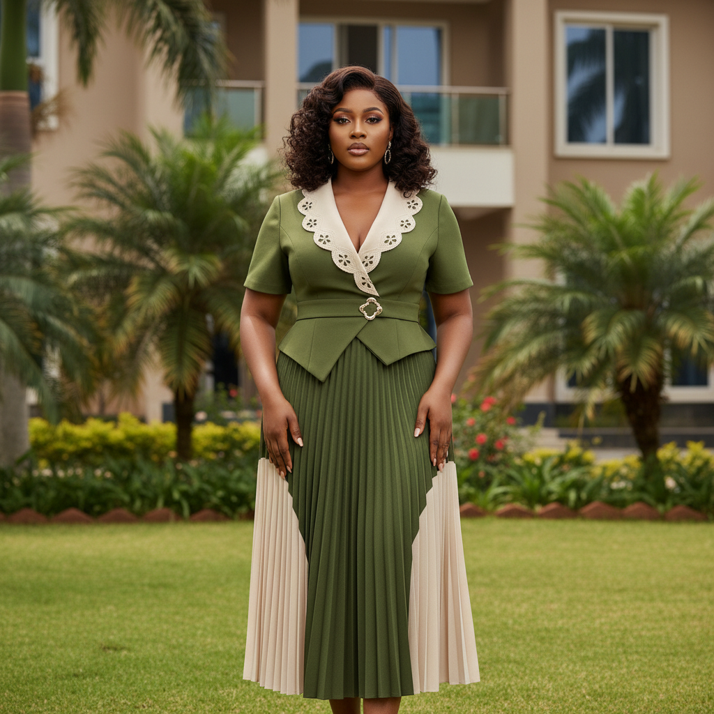 Women's Olive Green & Cream Skirt Suit Set – Model Front