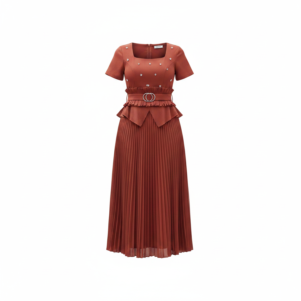 Women's Rust Red Accordion Pleated Midi Dress – Ghost Mannequin Final