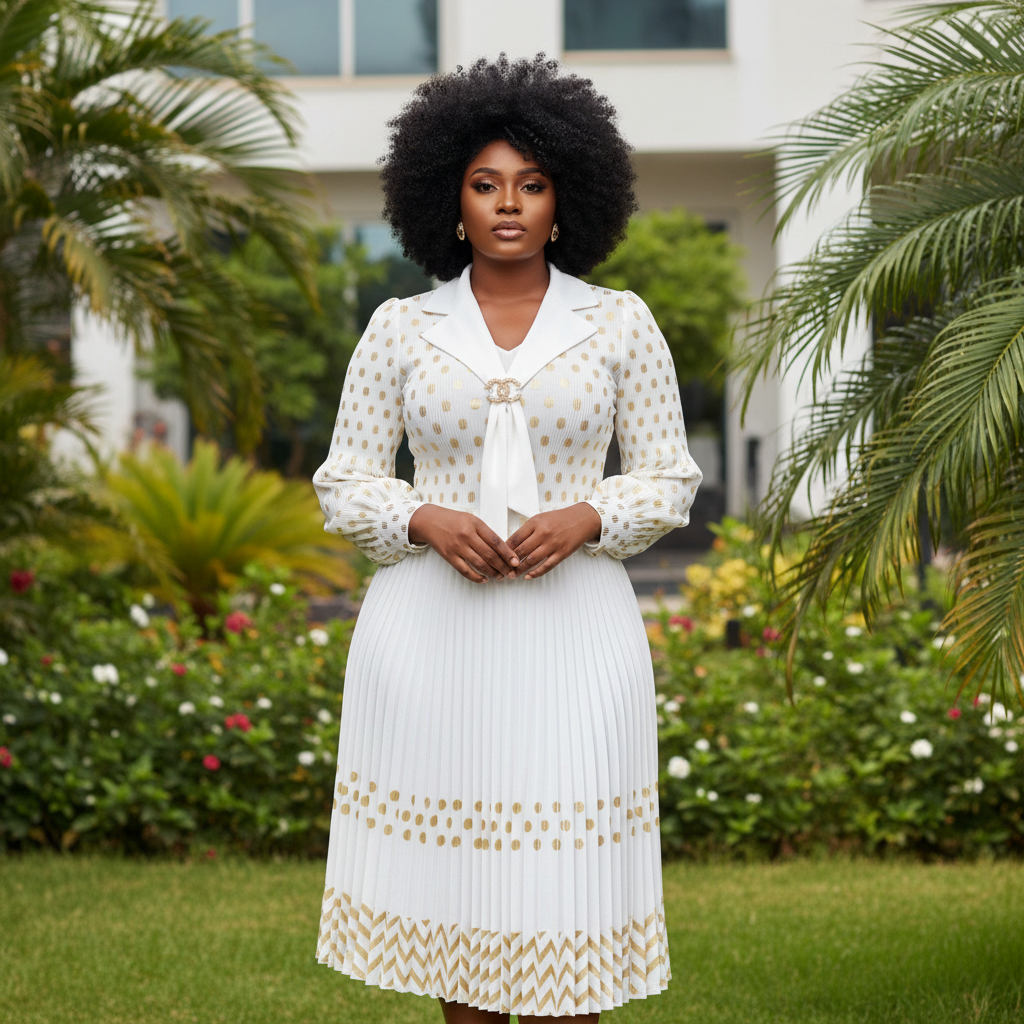 Women's White & Gold Polka Dot Set — Nigerian Female Model Front