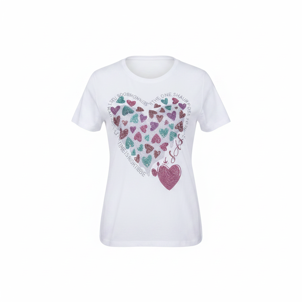 Women's White Rhinestone Crystal Heart Collage Graphic Crew Neck Tee – Front Ghost Mannequin