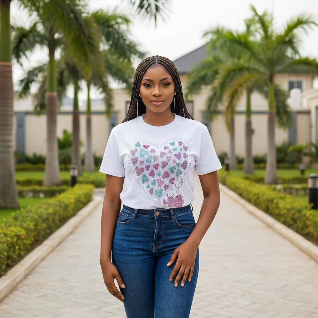 Women's White Rhinestone Crystal Heart Tee – Female Model Front
