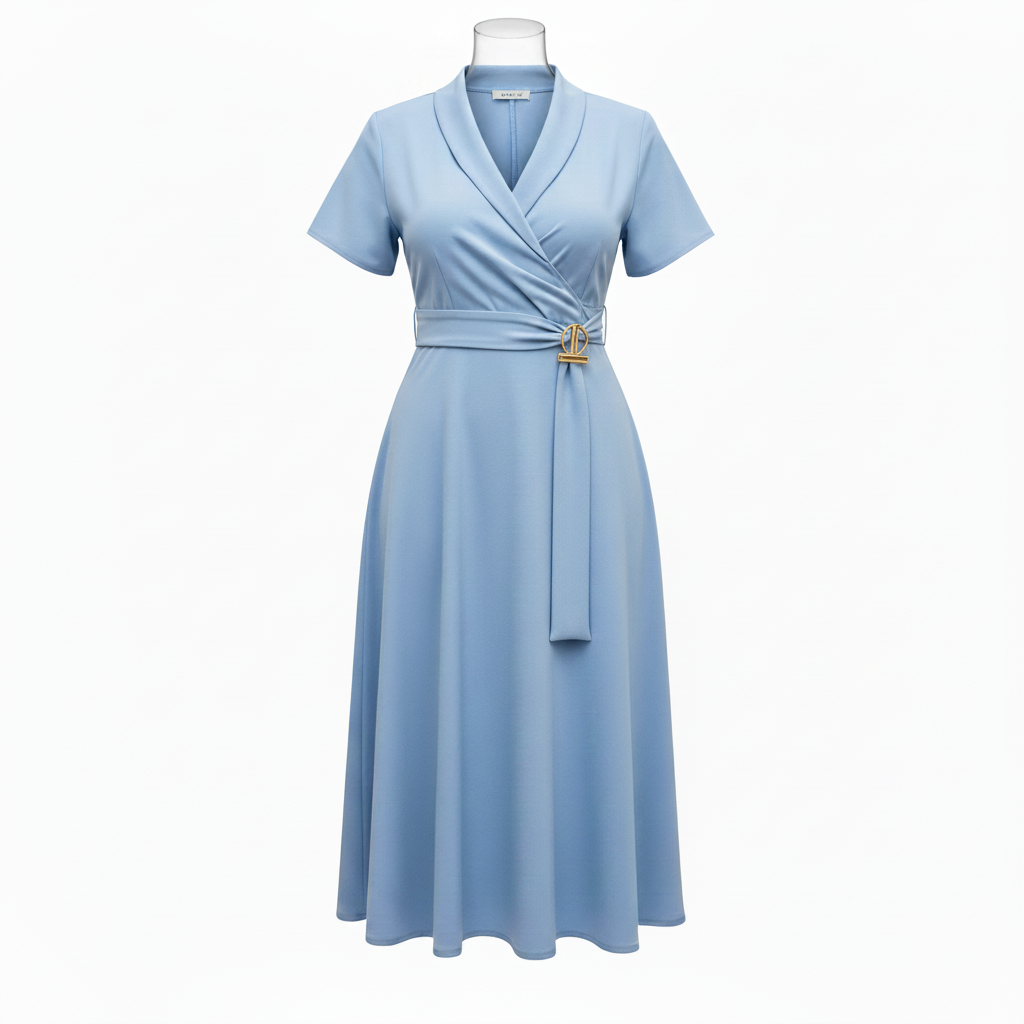 Wrap Midi Dress – Ghost Mannequin Light Blue with Gold Belt Clasp